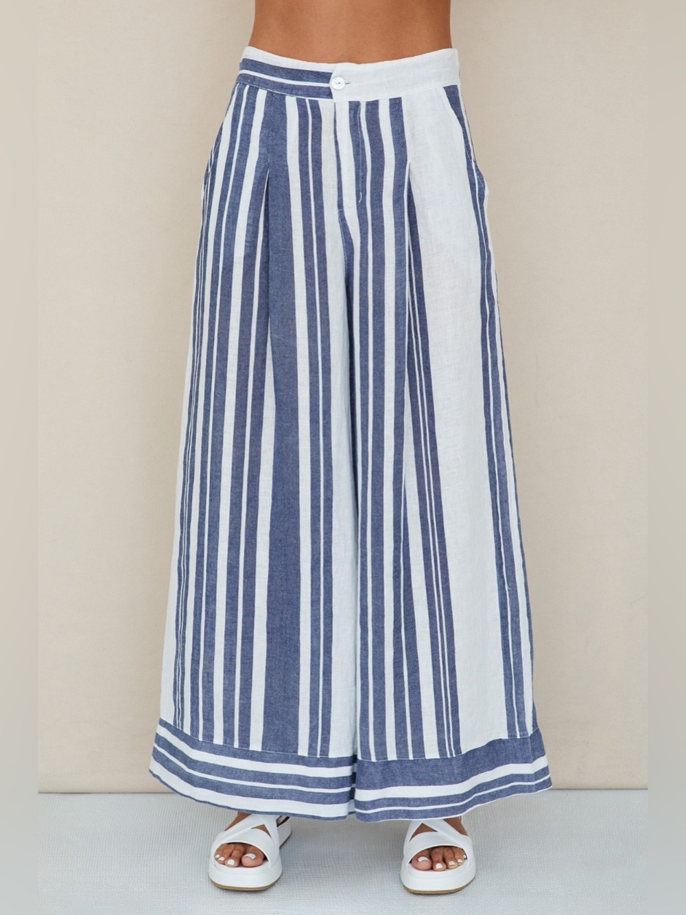 (154018-1-STRIPE-W/N)  STRIPE LINEN WIDE LEG PLAZZO PANTS